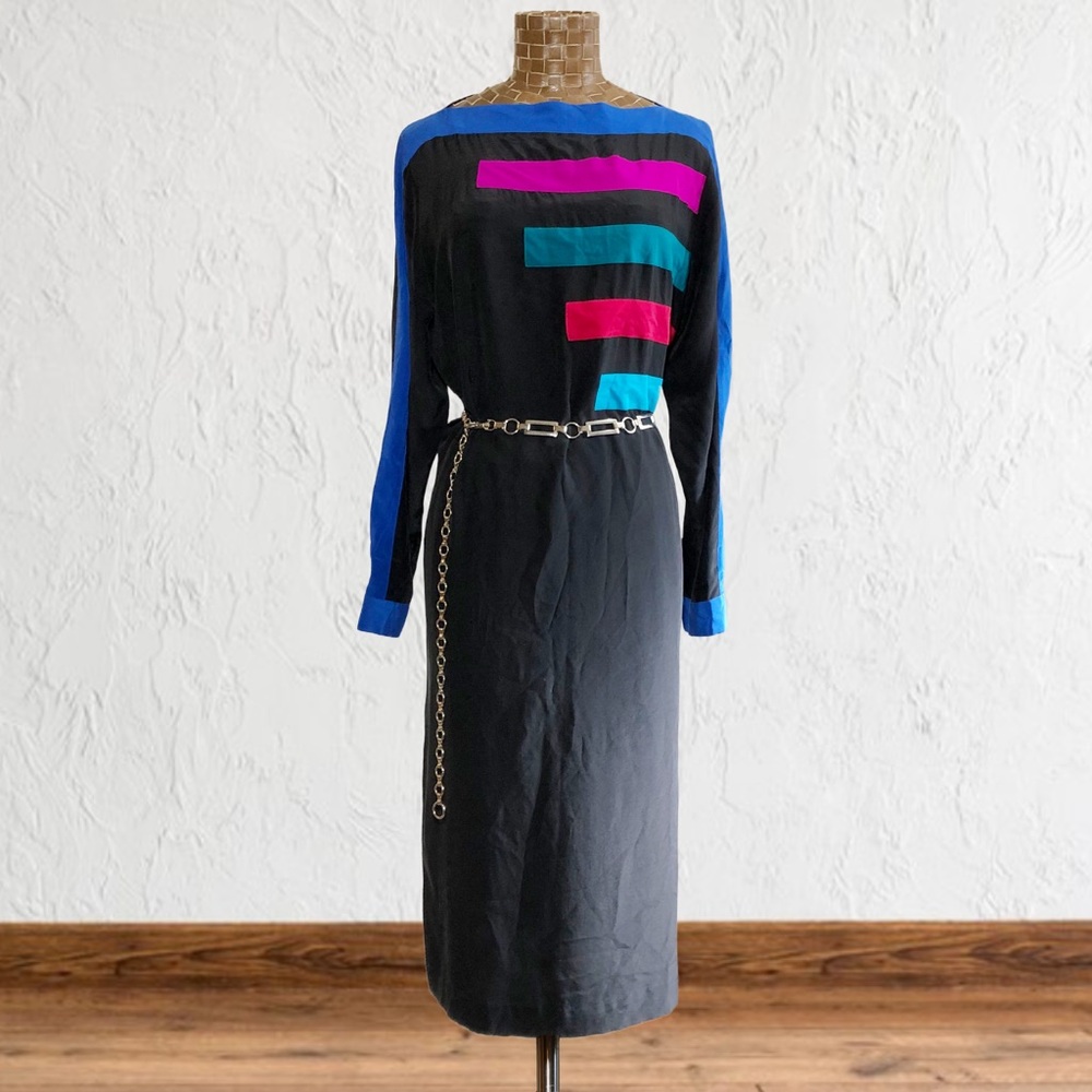 Vintage 100% Silk UMI Collections by Anne Crimmins Colorblock Midi Dress